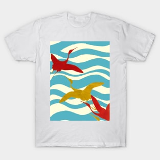RED YELLOW FLYING CRANES ON WHITE BLUE OCEAN WAVES T-Shirt
